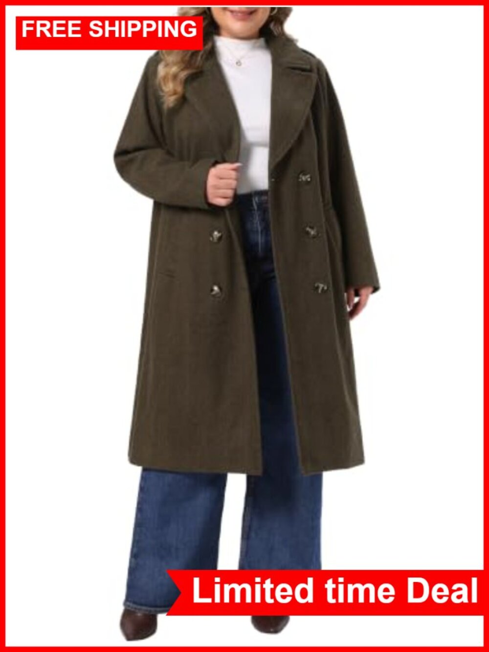 Women's Plus Size Double Breasted Long Pea Coat Herringbone A-Line Lined Winter